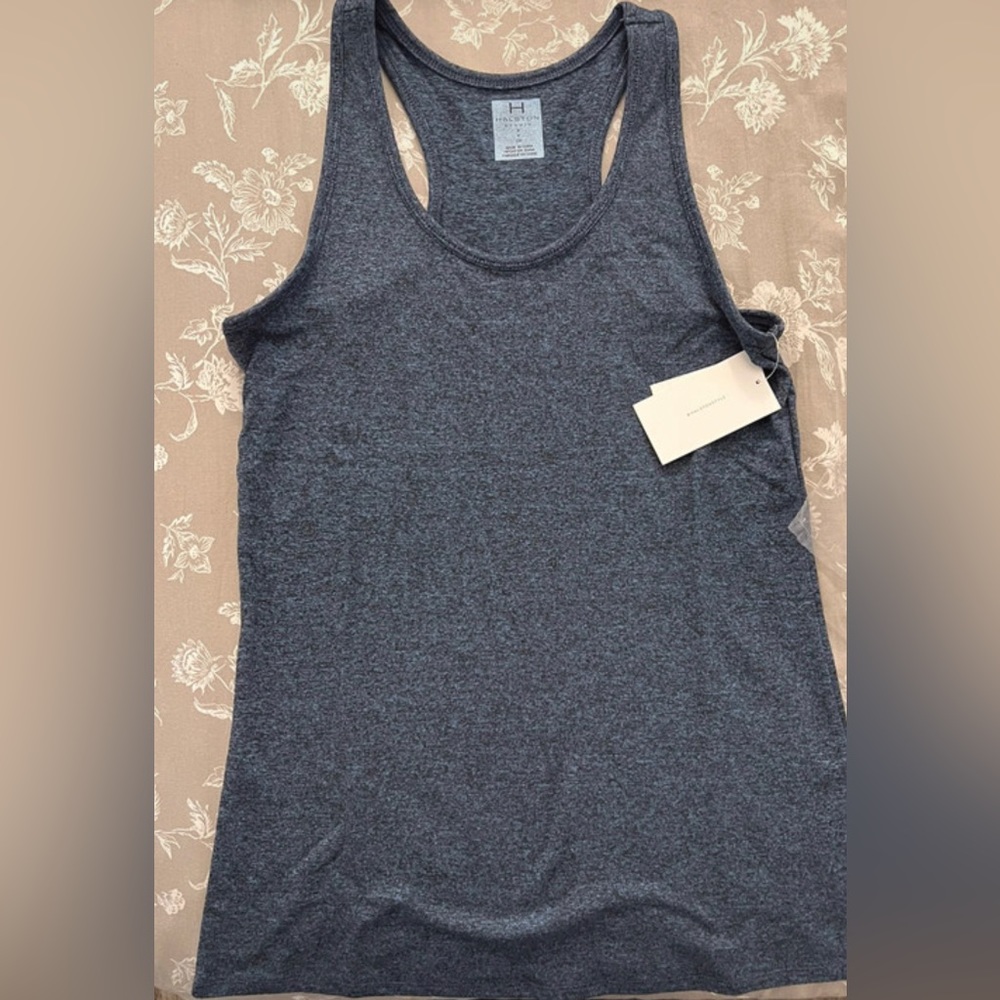 H Halston Studio Riviera Marl Blue Scoop Neck Racerback Sz. Sm